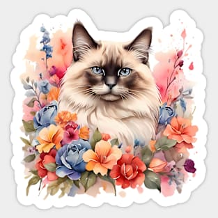 A birman cat decorated with beautiful watercolor flowers Sticker